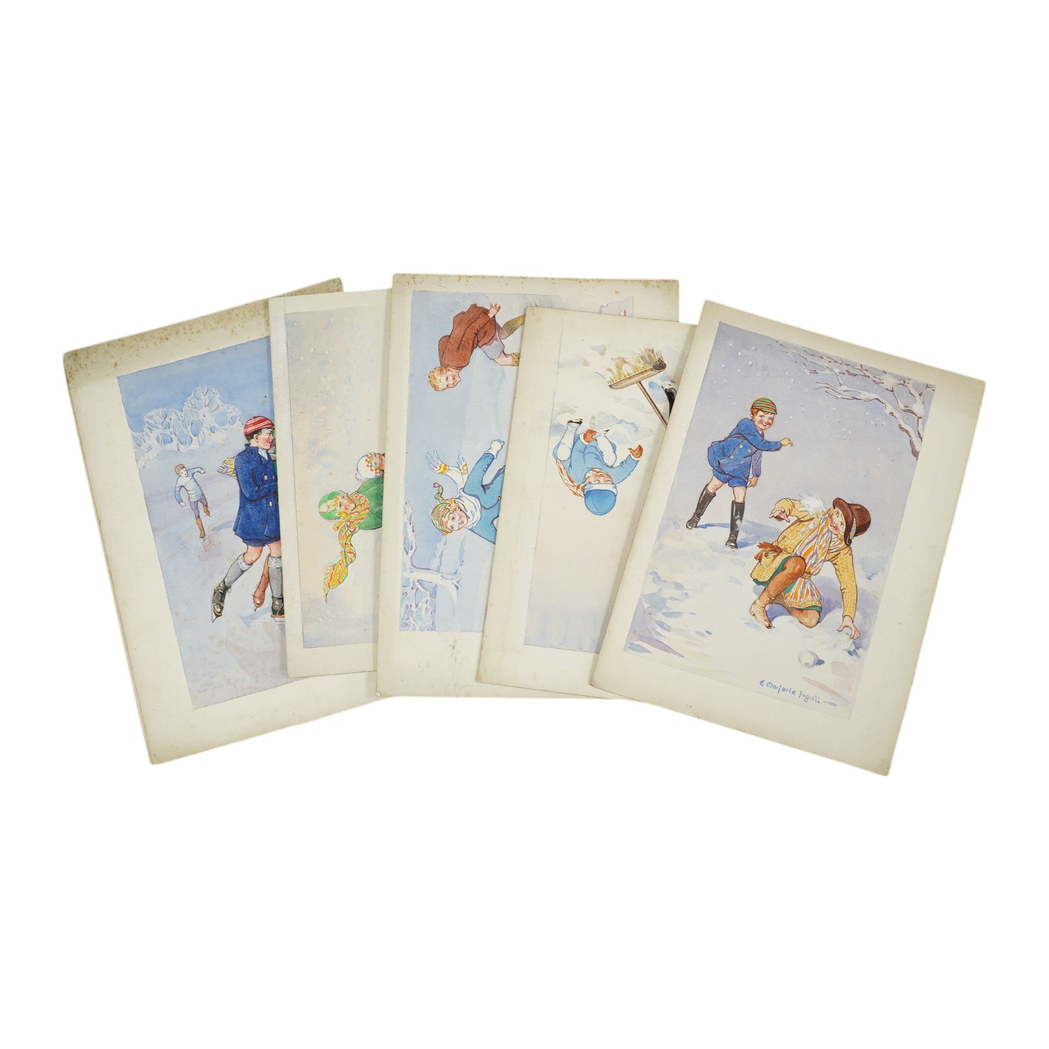 Marjorie Ingall (19th/20th. C), set of six original watercolours for childrens' Christmas card designs, each is signed, 25 x 18cm, unframed. Condition - fair, some spots of foxing and dirt